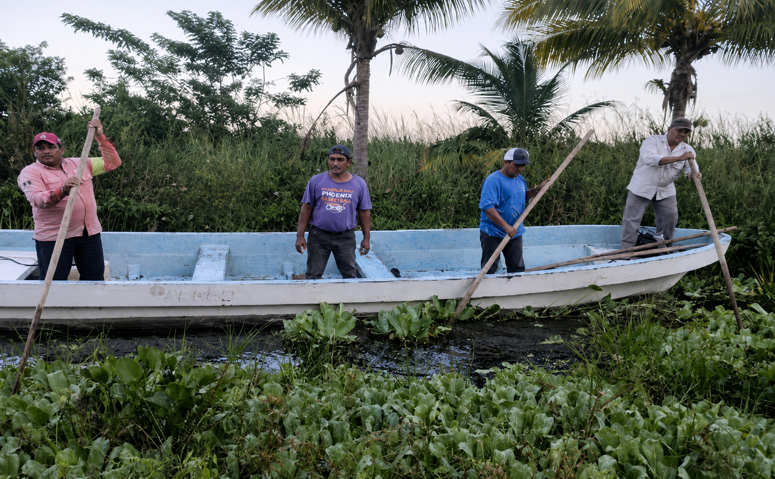 Four local community members using wooden poles to guide a boat through dense wetland vegetation.