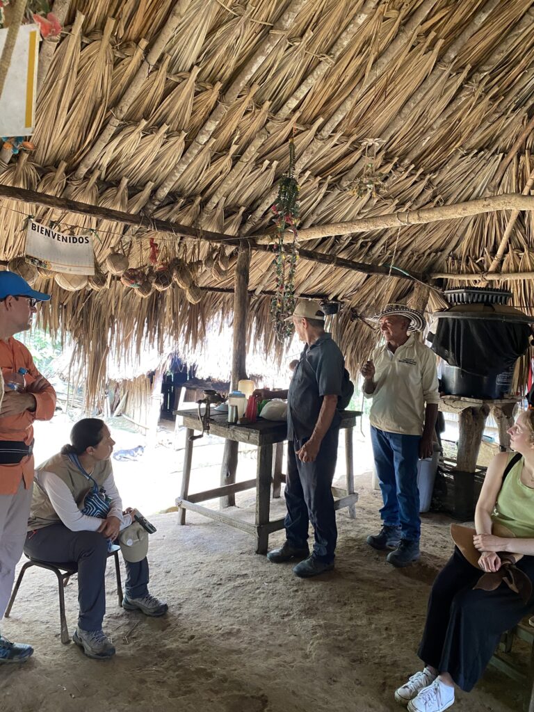 people in hut, group of people talking, outdoot, colombia, tropical setting