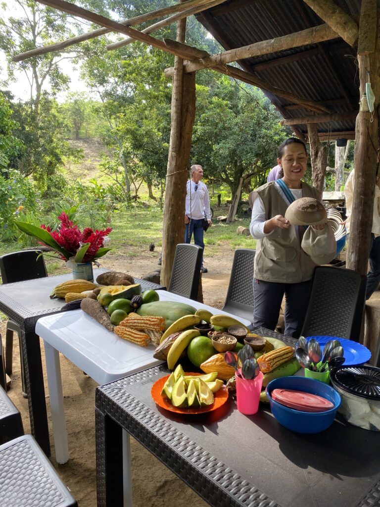 People gathering in nature, colombia, set table with fruits and nuts